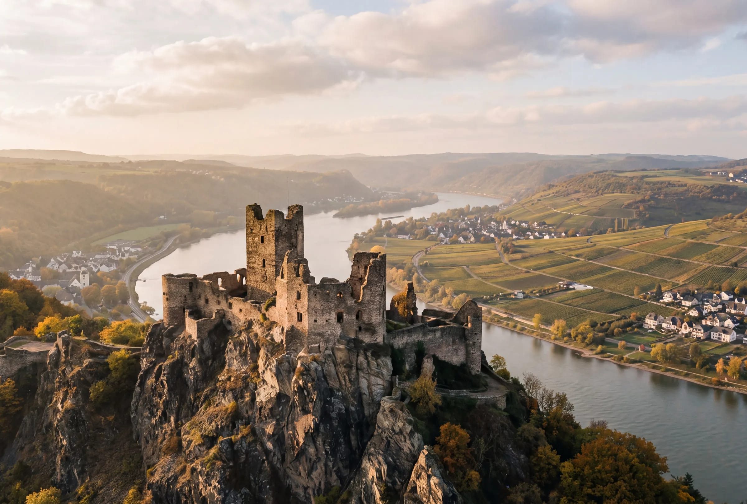 Eine Burgruine auf einem Felsen hoch über einem Flusstal im Morgenlicht.